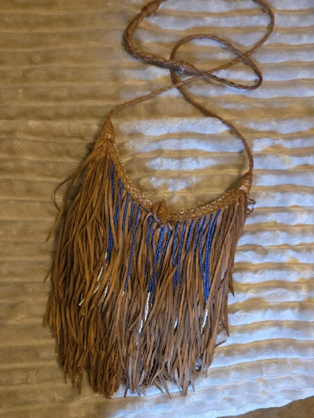 Anthropologie Leather Fringe Crossbody Bag with Blue & Cream Beaded Accent - Picture 6 of 11